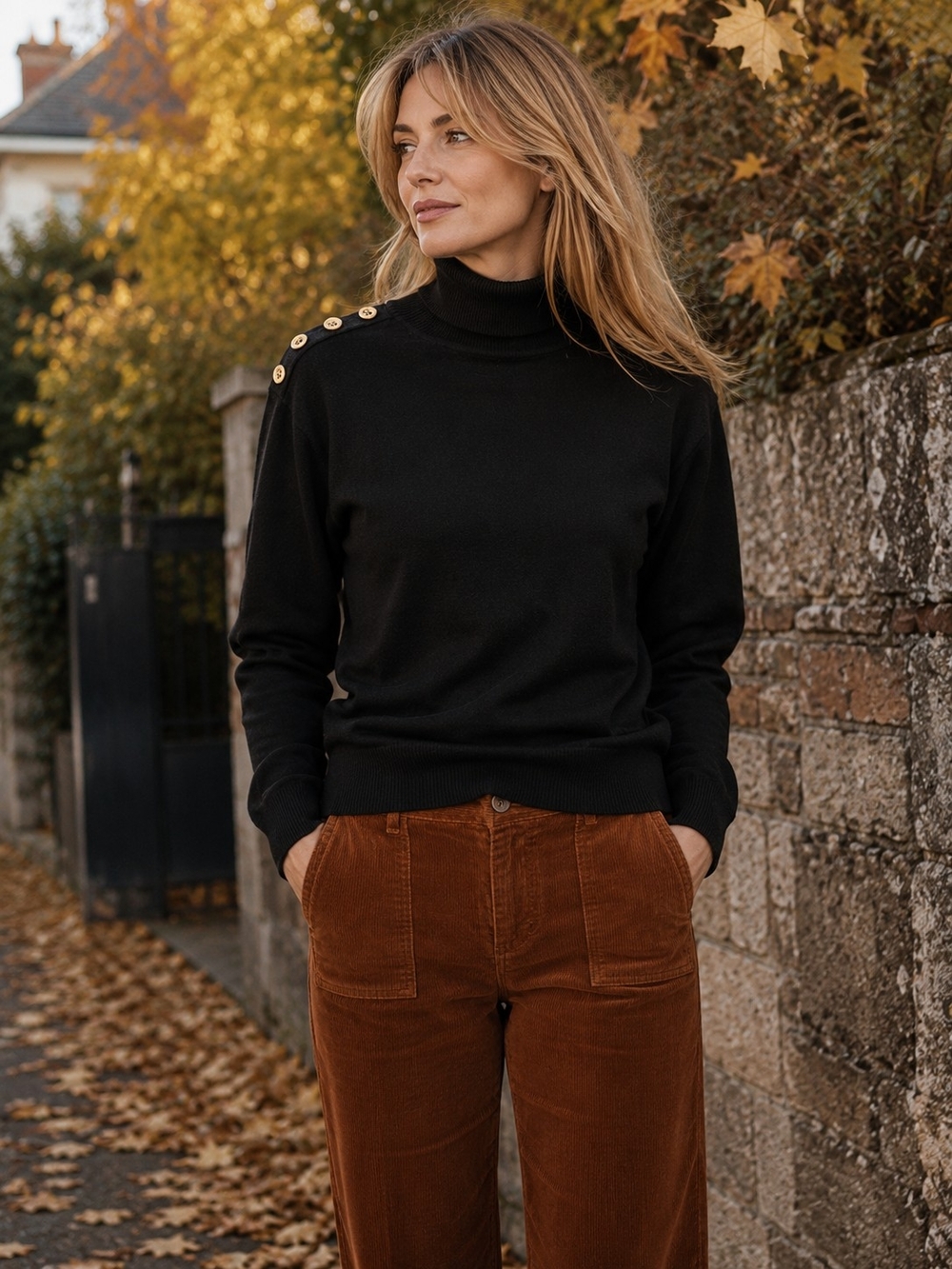 Joseph A Black Turtleneck Sweater XL Gold Button Shoulder Soft Knit Quiet Luxury
